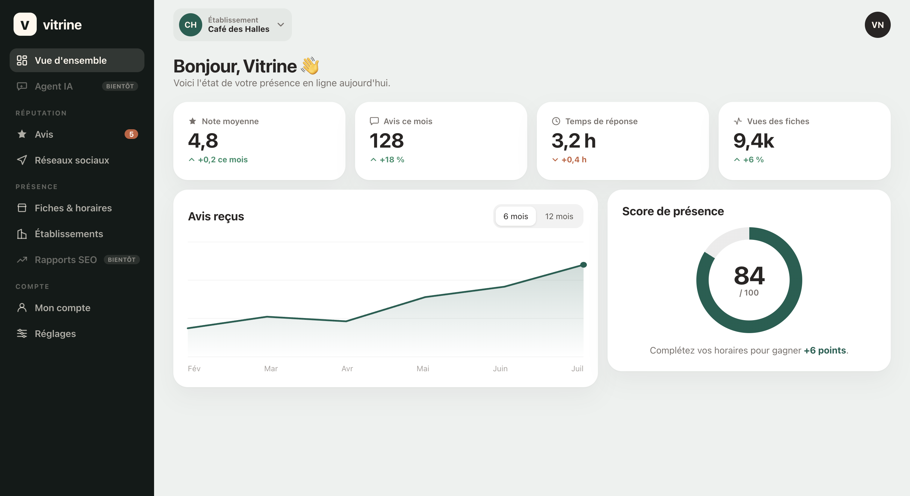Aperçu de l'application Vitrine : fiche établissement et horaires